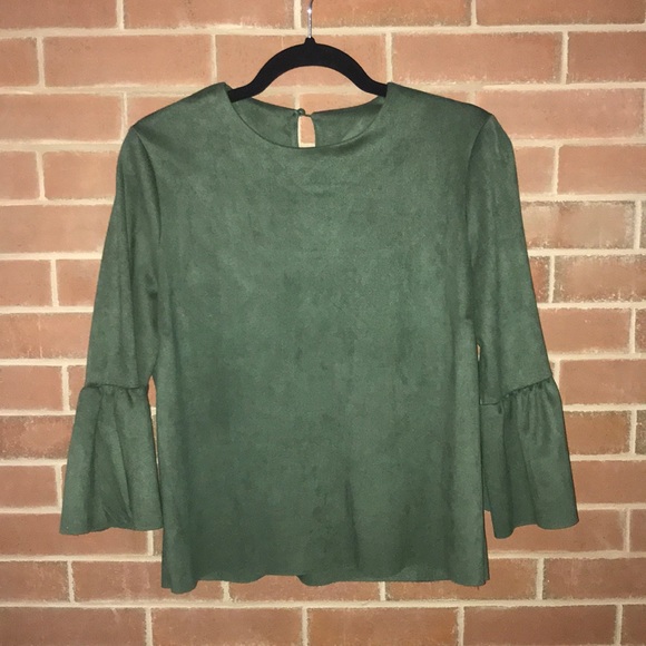 Green Faux Suede Bell Sleeve Blouse - Picture 3 of 4